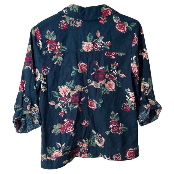 NWT XS Maurice's Linen Blend Jacket Top Shacket Blue Rose Floral Casual Office - Picture 2 of 7
